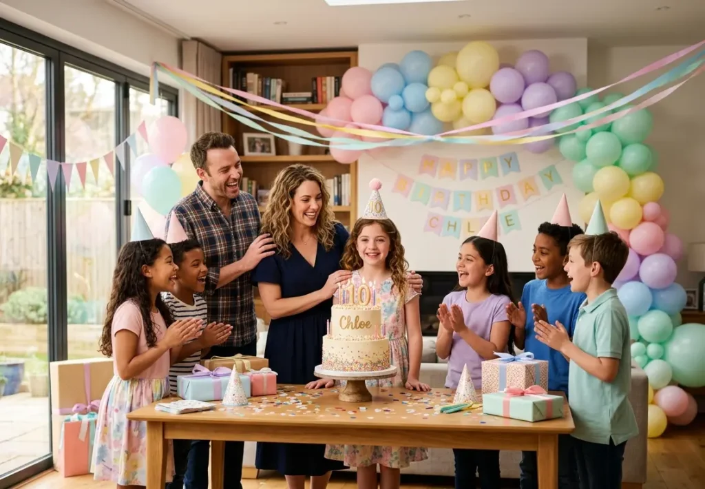 Happy 10-year-old celebrating a colorful birthday party with cake, balloons, gifts, family, and friends.