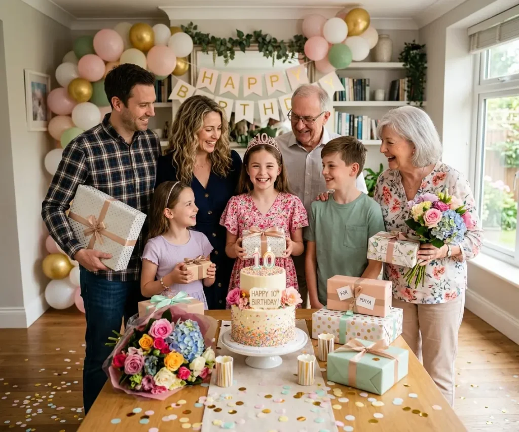Family celebrating a child's tenth birthday together with love and happiness.