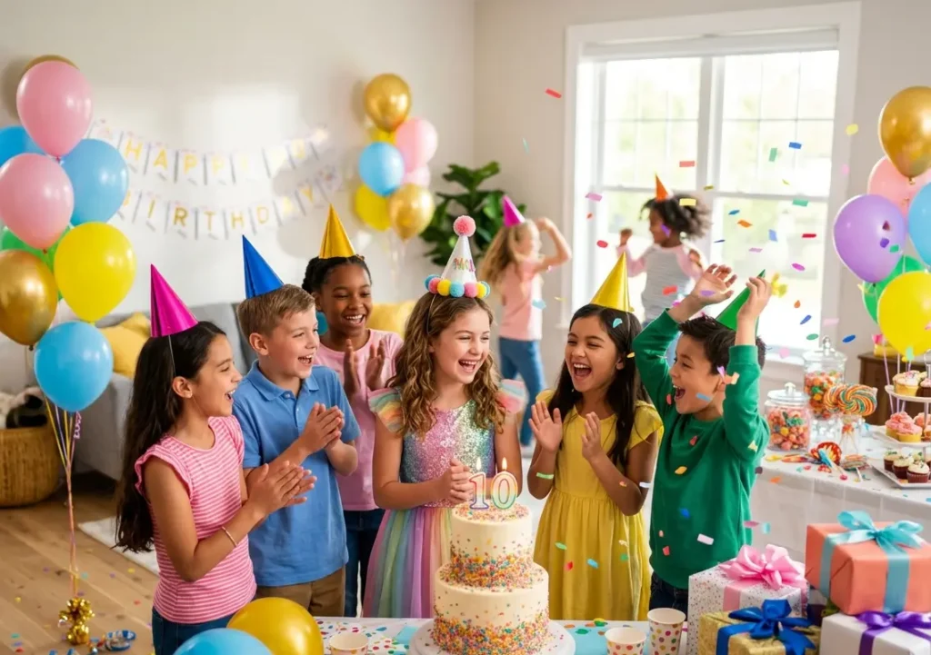 Children enjoying games, cake, balloons, and birthday fun at a 10th birthday party.