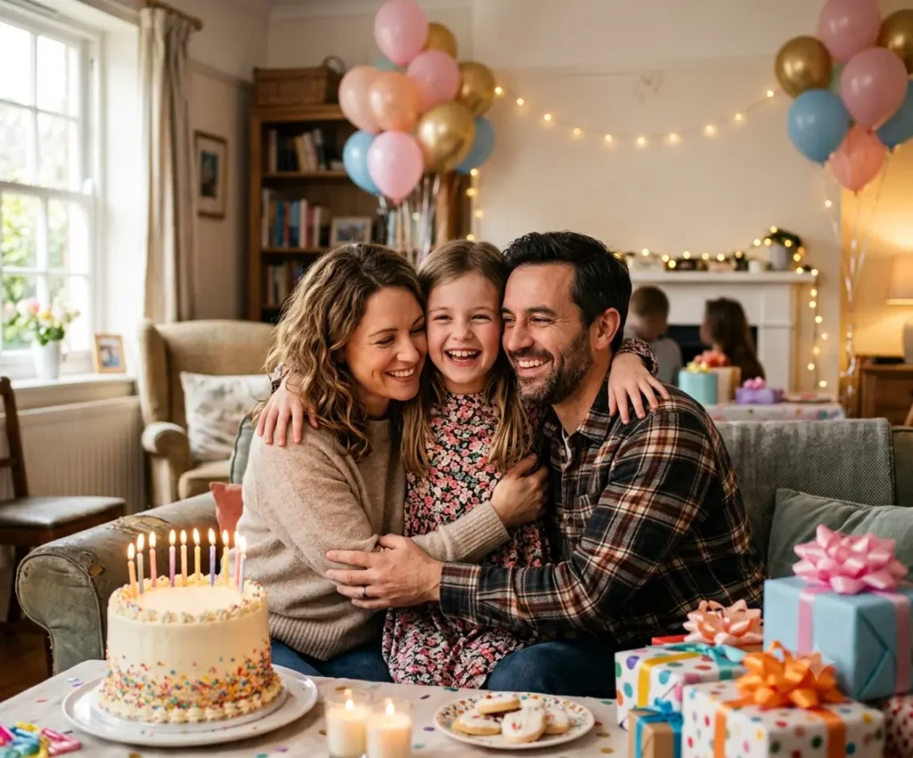 Parent hugging a happy ten-year-old during a birthday celebration.