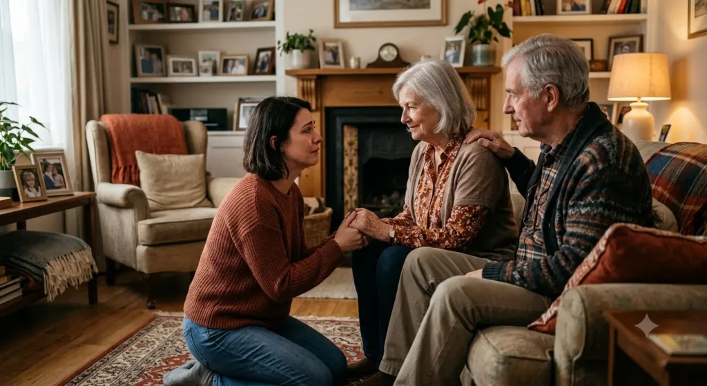Adult child apologizing sincerely to parents