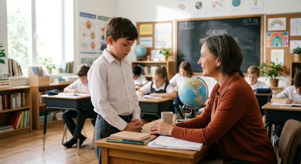 Student apologizing respectfully to a teacher