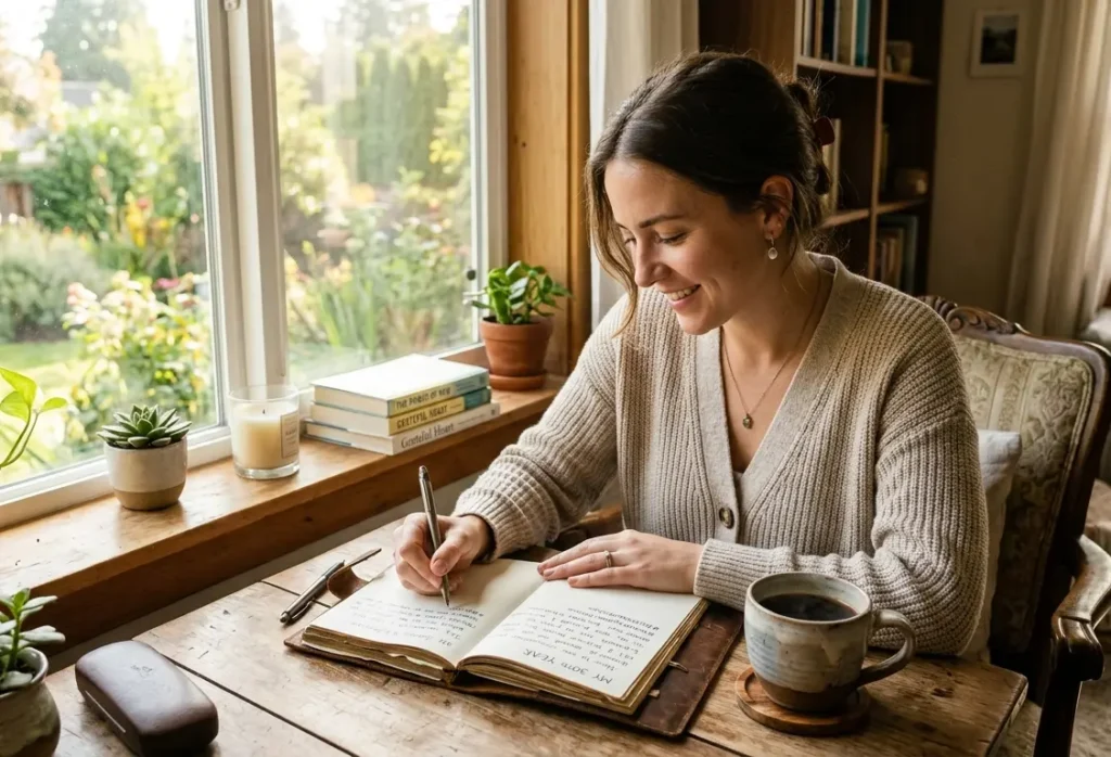 Person writing a birthday note to themselves in a journal