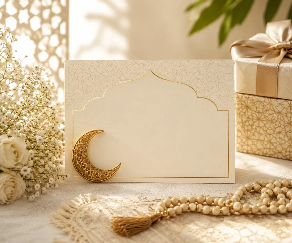 Islamic birthday card with prayer beads, crescent ornament, flowers, and a wrapped gift