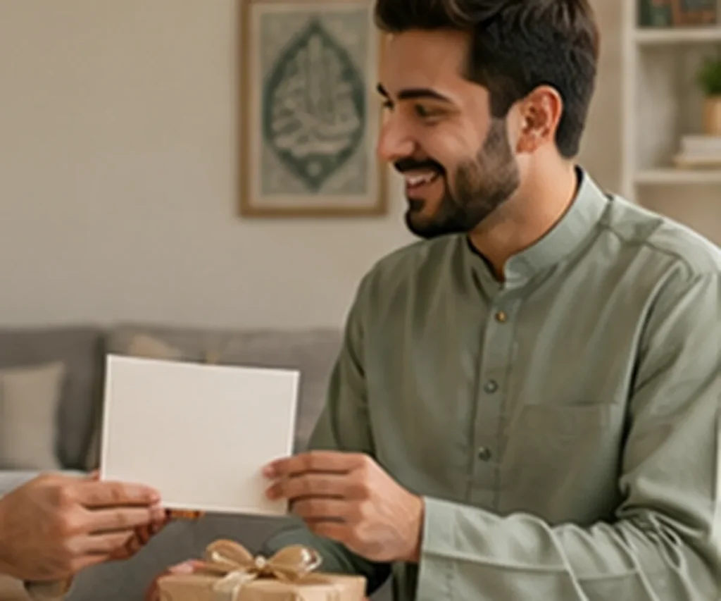 Two Muslim friends exchanging a thoughtful Islamic birthday greeting card