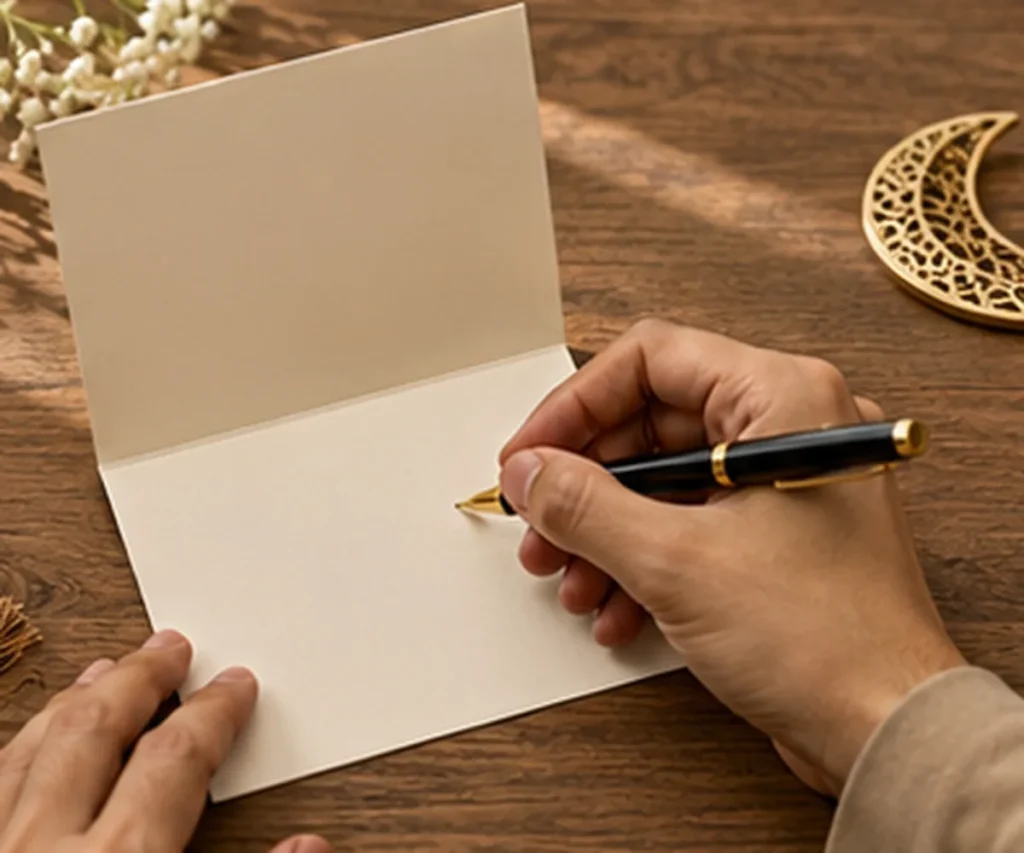 Person writing a sincere Islamic birthday dua inside a greeting card