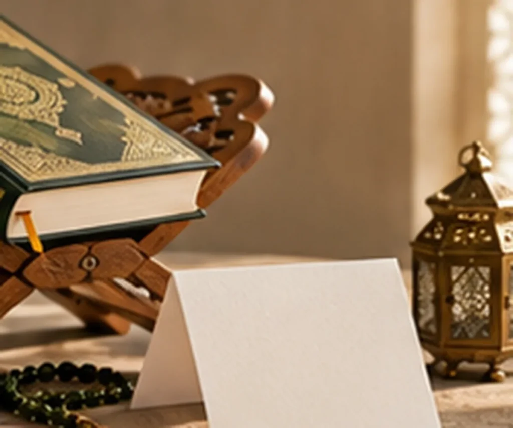 Closed Quran on a wooden stand beside prayer beads and a blank birthday card