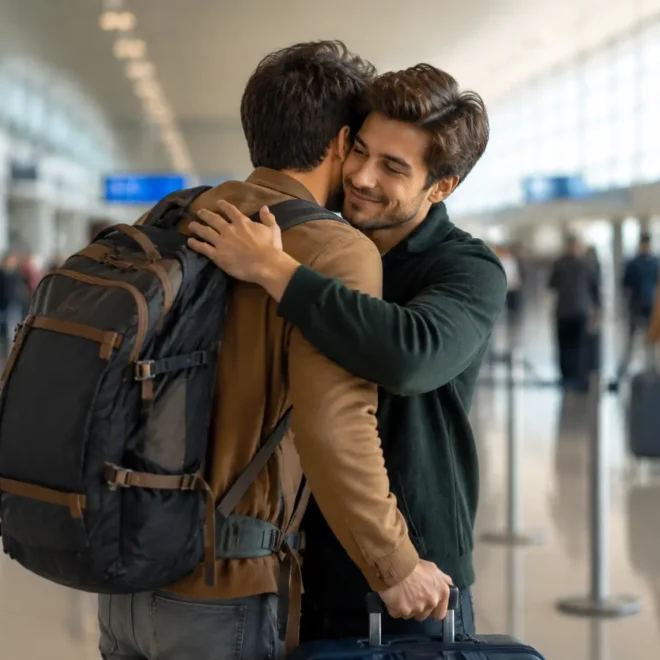 Two friends sharing an emotional goodbye before a safe journey at an airport