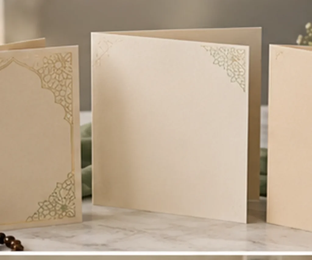 Blank Islamic birthday greeting cards with prayer beads, flowers, and crescent decorations