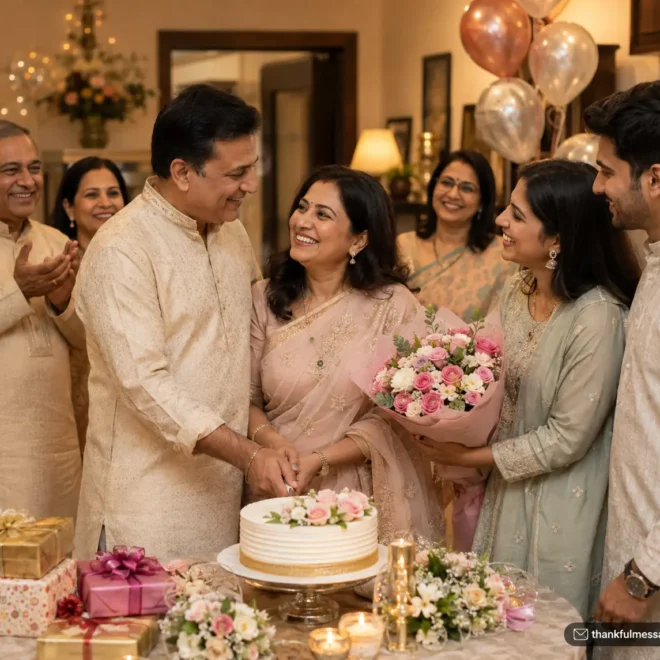 Happy Indian Mama and Mami celebrating their wedding anniversary with family at home