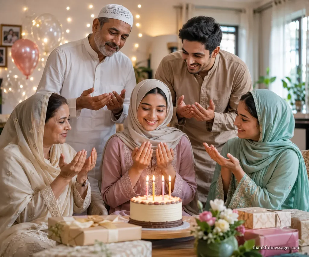 Indian Muslim family making a heartfelt birthday dua together at home