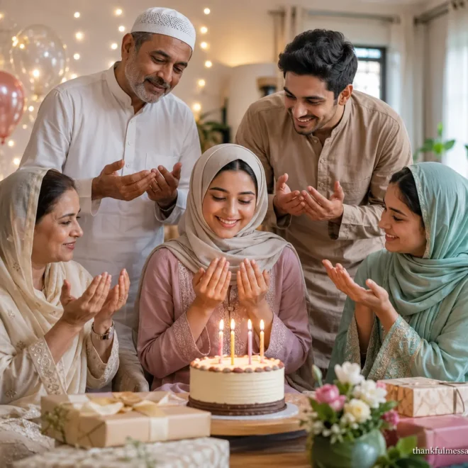 Indian Muslim family making a heartfelt birthday dua together at home
