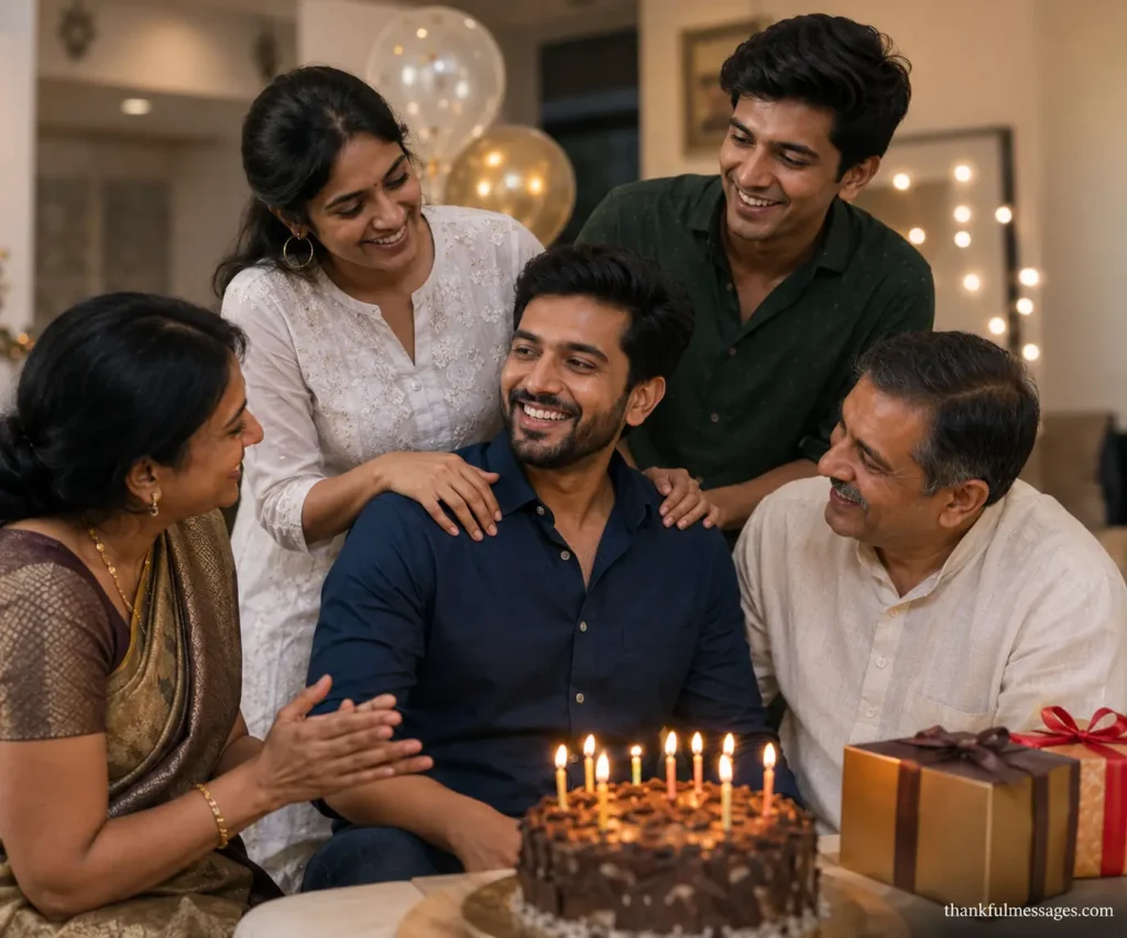 Indian family celebrating a brother-in-law's birthday together with cake and gifts at home.