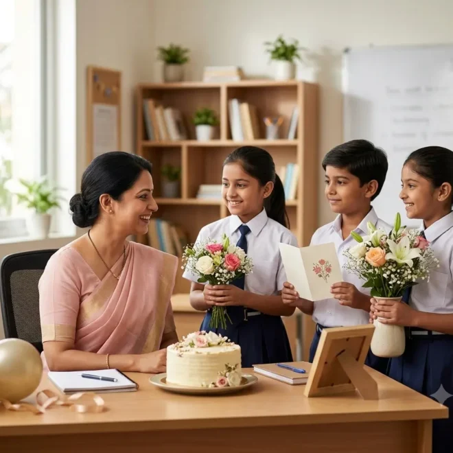 Female teacher smiling as students give her flowers and a birthday card in a bright Indian classroom