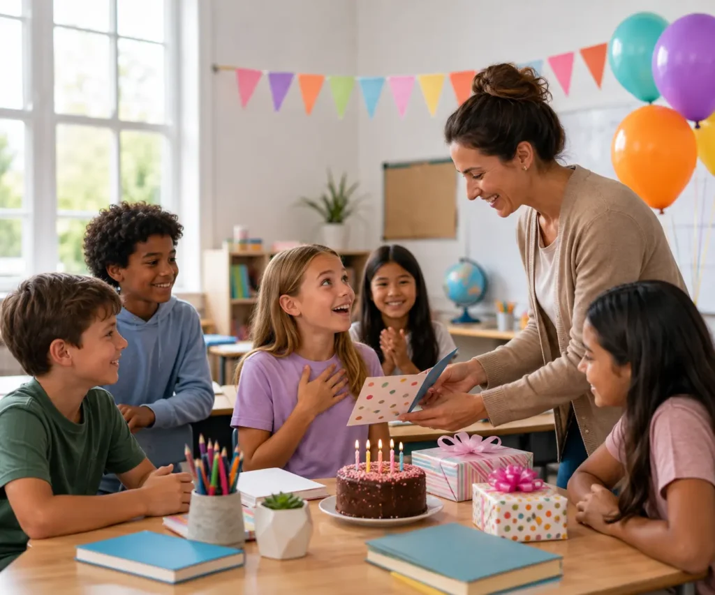 Teacher giving a birthday card to a happy student during a cheerful classroom celebration