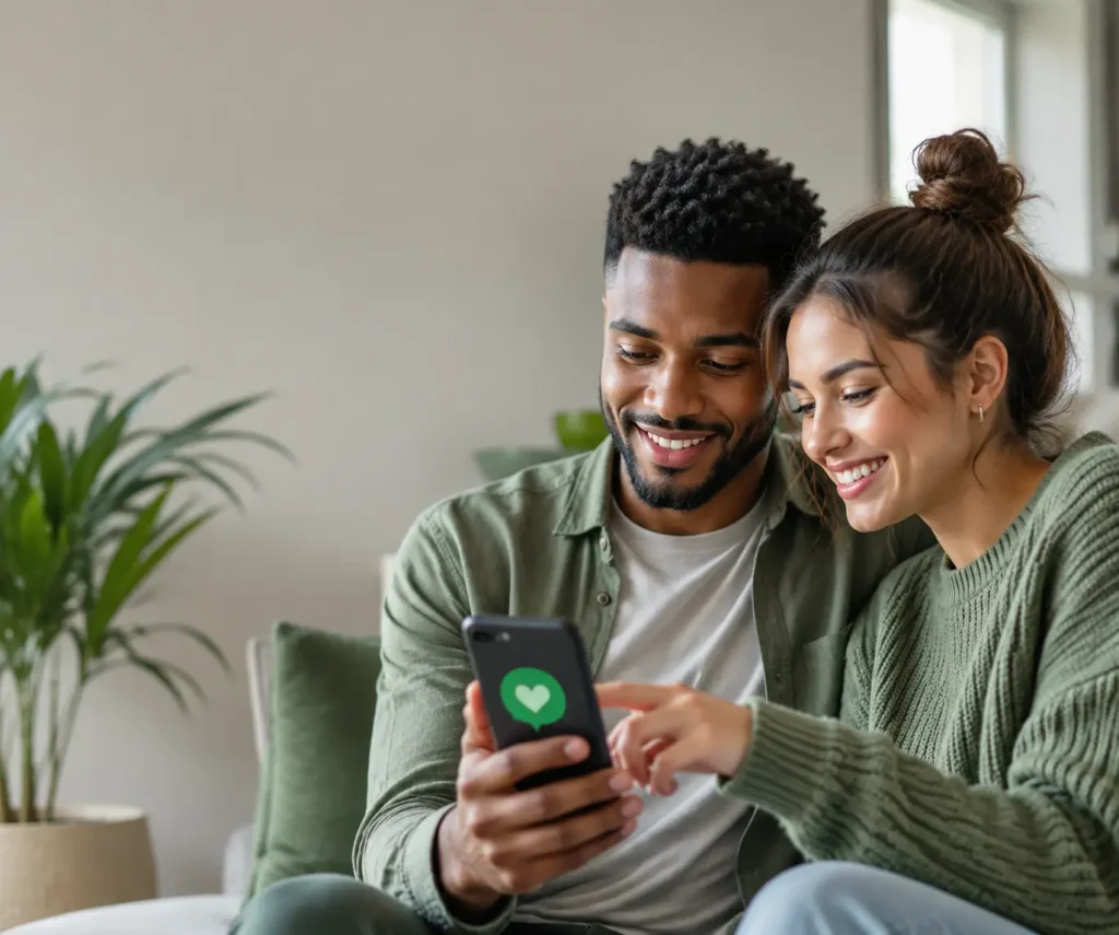 Two friends viewing a green heart message on a smartphone while discussing what the emoji means.